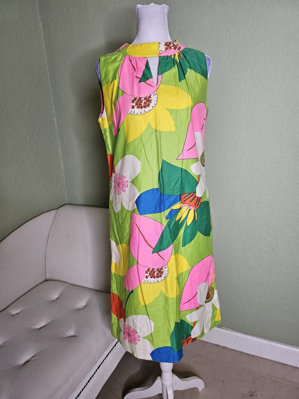 Vintage 60s Bright Green Floral Midi Dress with Pink and Yellow Accents